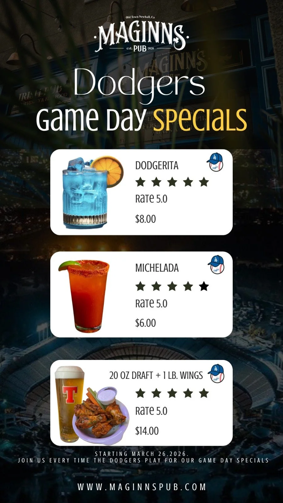 Poster advertising Dodgers game day specials at Maginn's Pub, featuring drinks and wings, with images of a blue cocktail, a Bloody Mary, and beer with chicken wings.