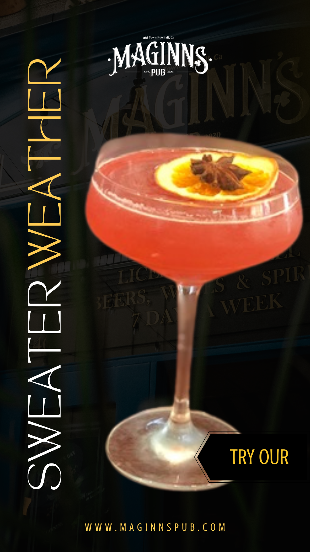 A pink cocktail with an orange slice and star anise garnish in a coupe glass, against a dark background with signage for Maginn's Pub and promotional text for the pub.