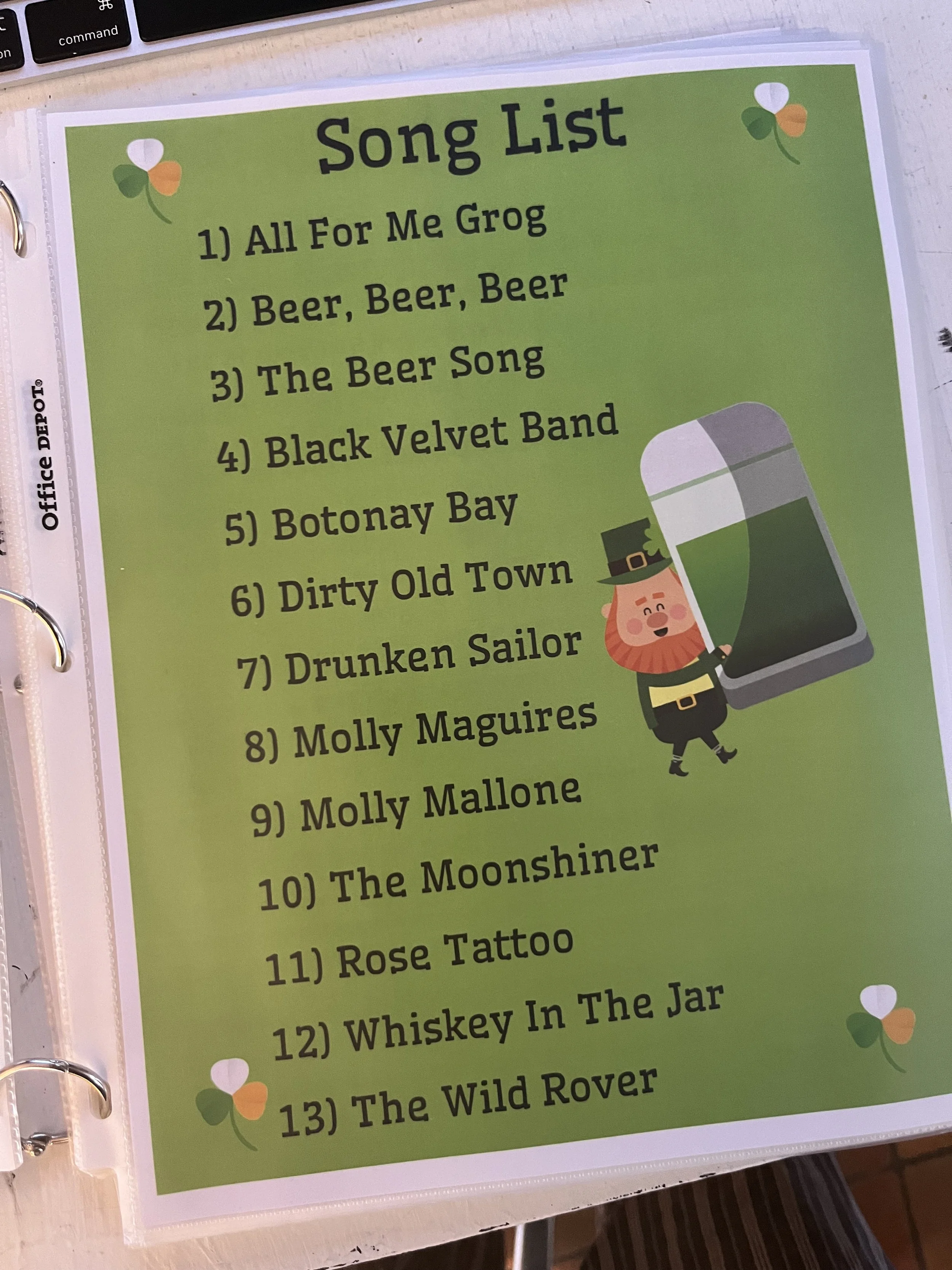 The index of my homemade Irish song book made especially for St. Patrick's Day.  I pass these out on the tables and put the choruses of each song in BOLD so people can sing along.  I even bust out the mandolin and tin whistle! 
