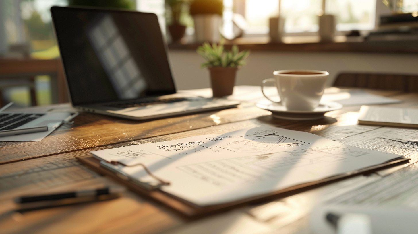 A cluttered wooden table with a laptop, papers, a notebook, a pen, a cup of coffee, a small potted plant, and a window in the background.