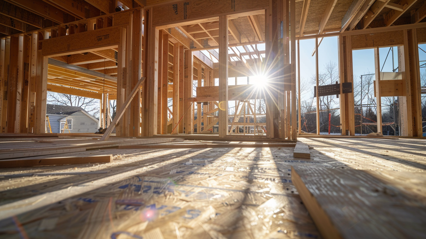 Wooden framing of a house under construction with sunlight shining through.