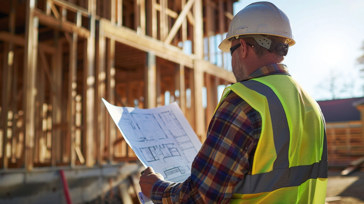 Construction worker in a safety vest and hard hat reviewing blueprints at a building site with a wooden framework.
