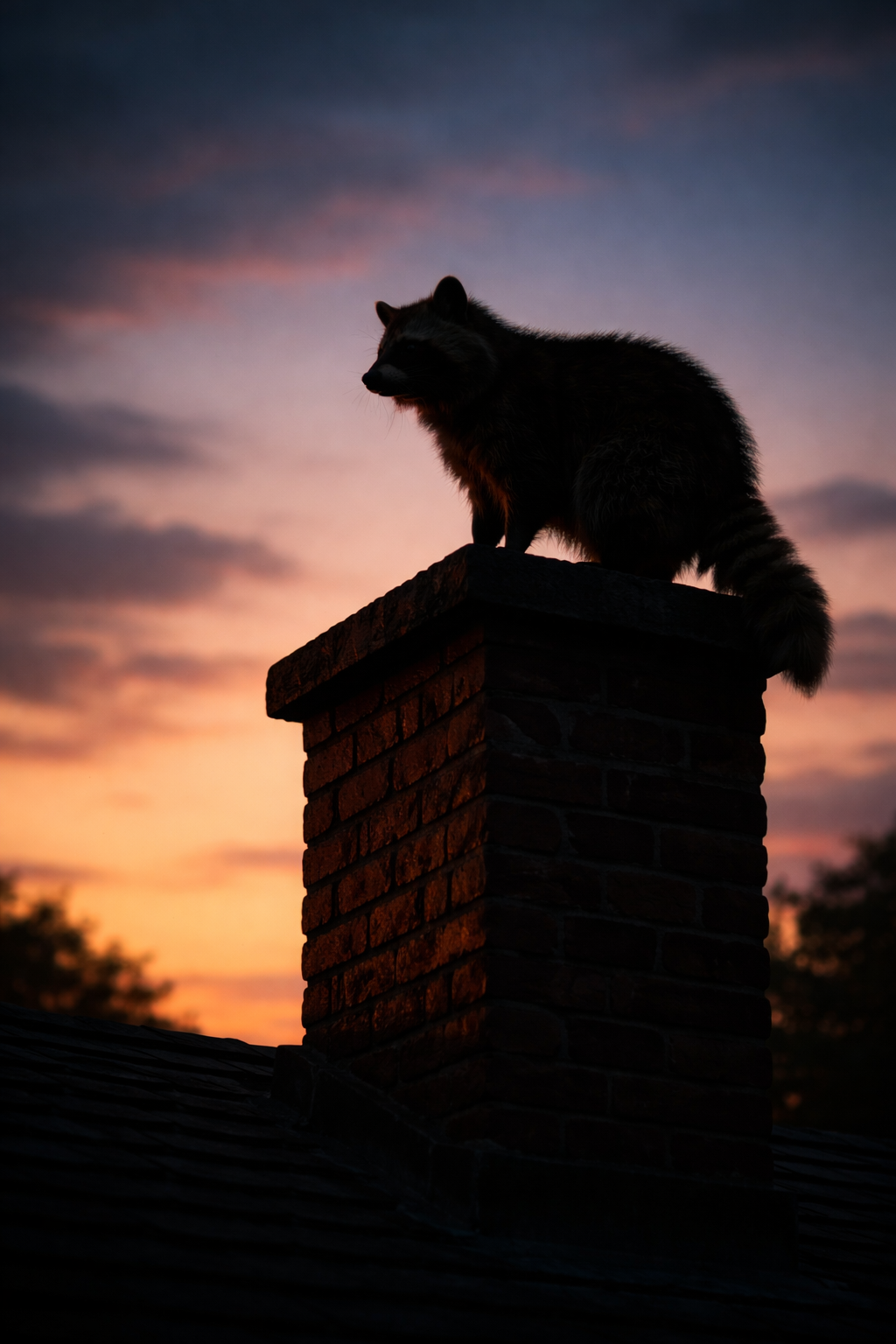A raccoon perched on a brick chimney at sunset with a colorful sky in the background.