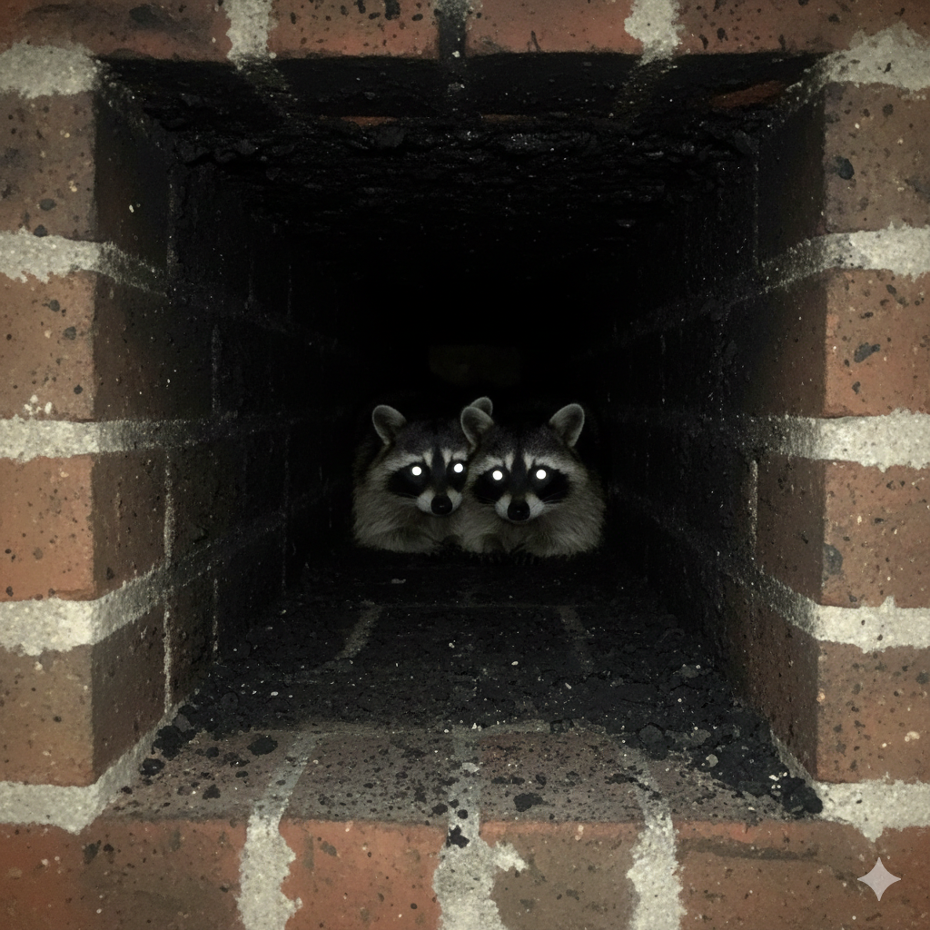 Two raccoons inside a chimney, looking out with glowing eyes at night.