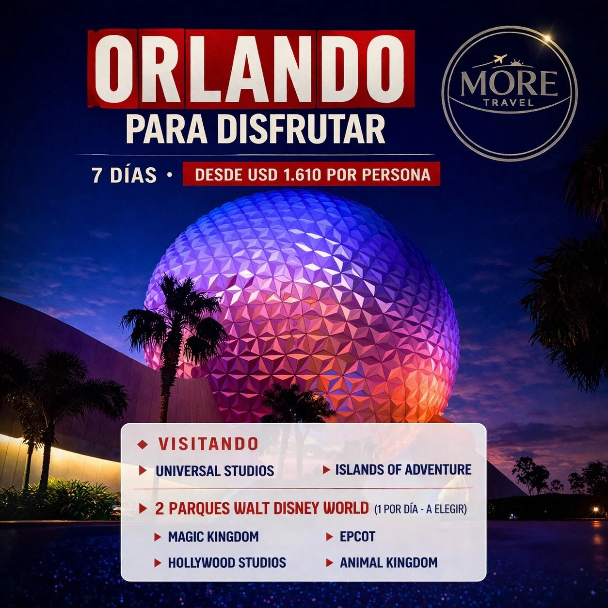 Nuestro Paquete Universal y Disney con traslados y todo lo que tu familia necesita para disfrutar de un plan en pareja y familia  #parquesdisney #universal #moretravelcol 
Y t&uacute; ya conoces los parques de Disney !? 
👇🏼