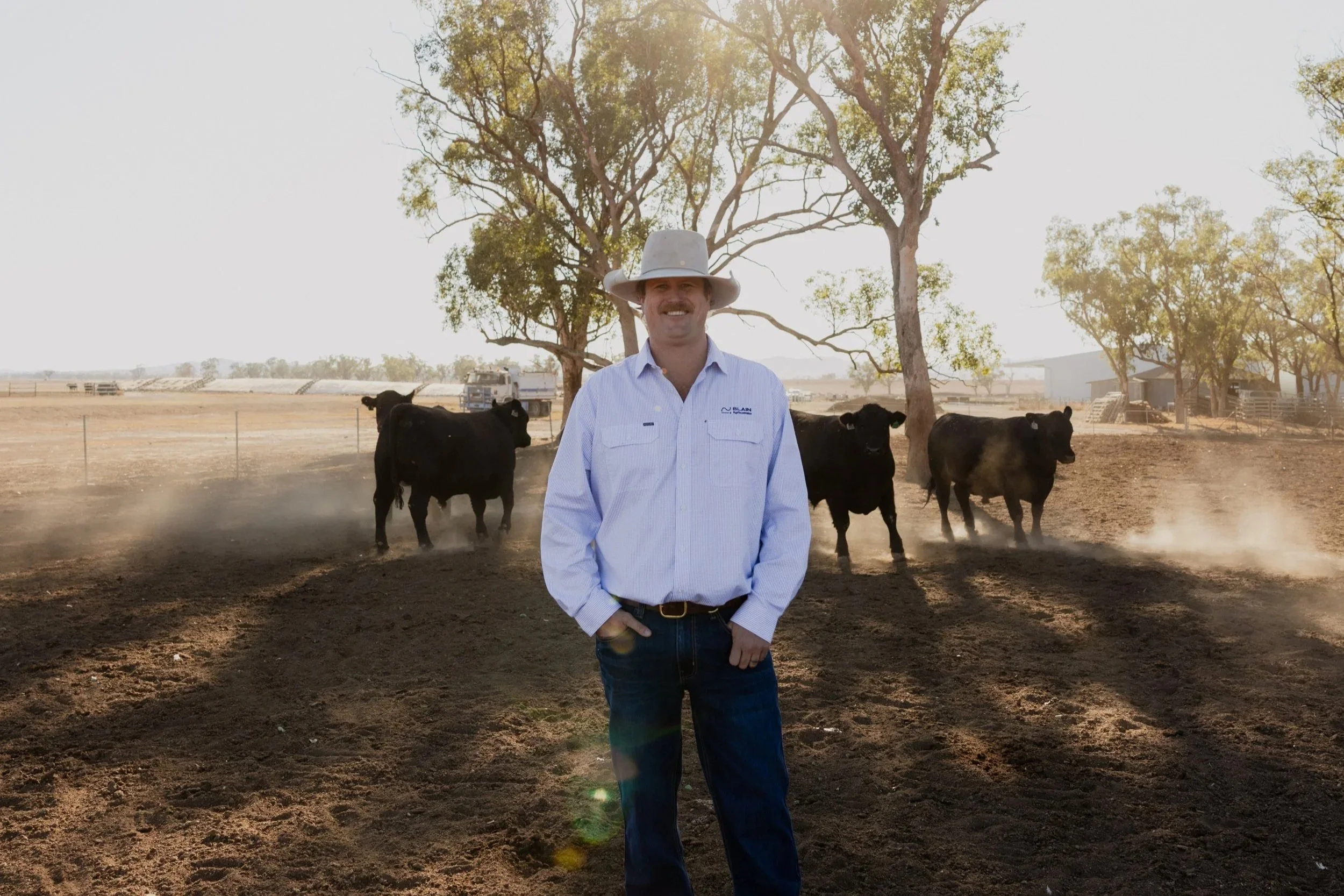 Jim Blain standing in a paddock with cows behind him, wearing a wide-brimmed hat and a light blue shirt. Trees are visible in the background under a bright sky.