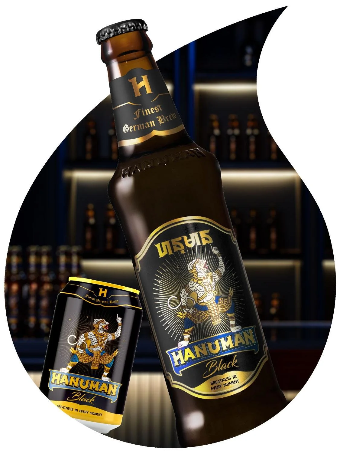 黒いラベルのビール瓶と缶、ラベルにはヒンドゥー神カーリーのイラストと「HANUMAN BLACK」「GREATNESS IN EVERY MOMENT」と記載