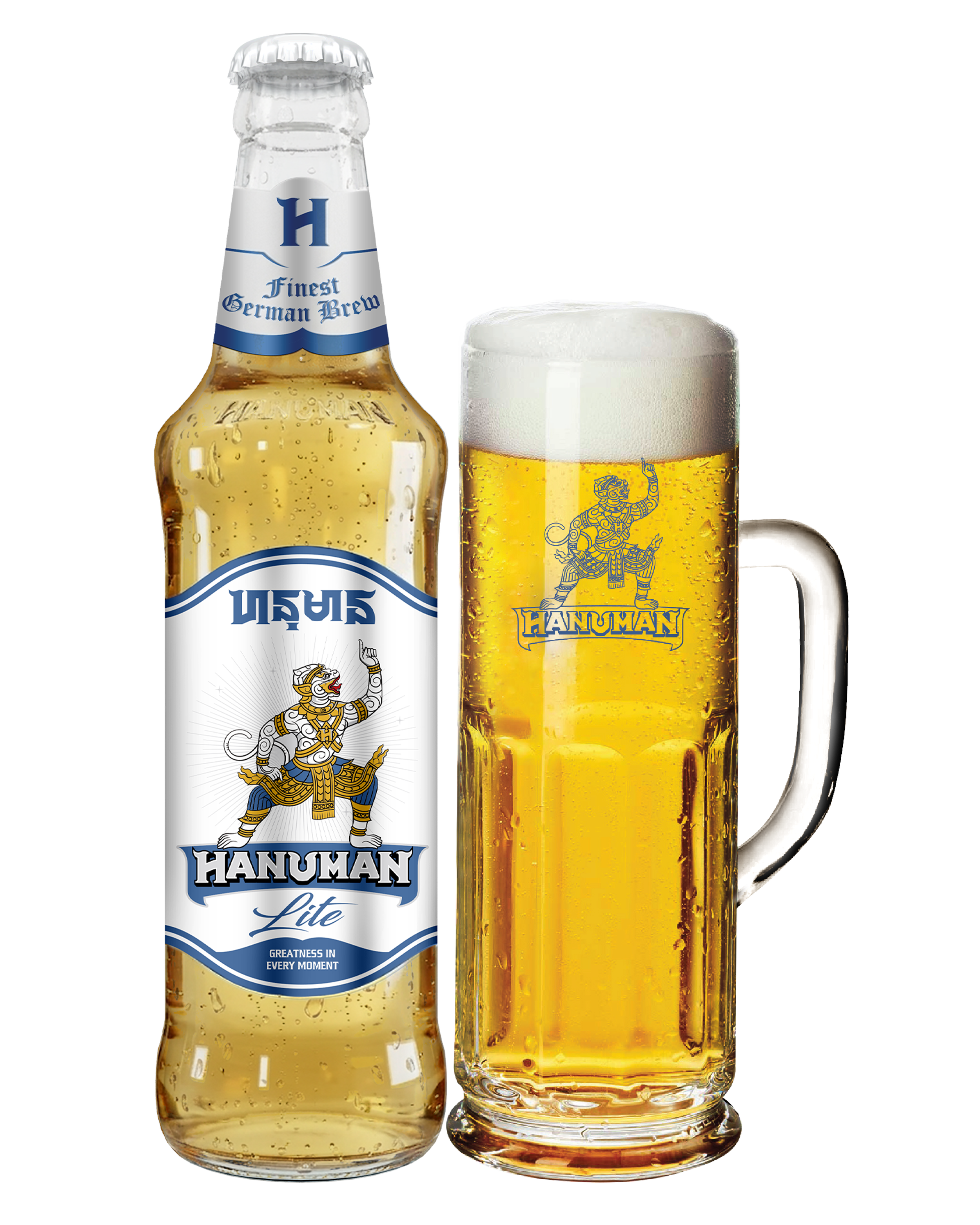 ビールのボトルとジョッキ。ボトルには「HANUMAN」のラベルと象の神様のイラストがあり、ジョッキには泡とともに「HANUMAN」のロゴが描かれている。