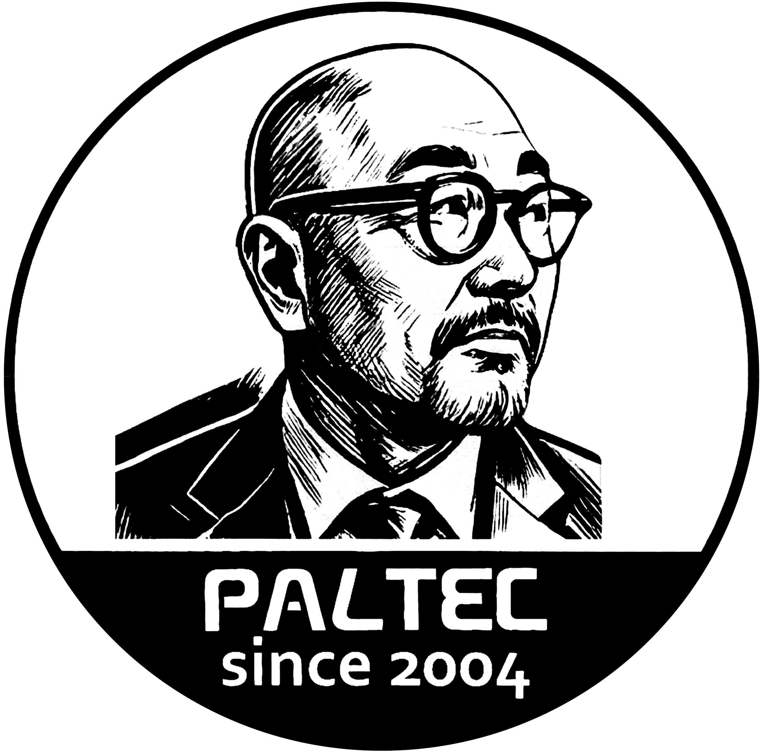 Founder of PALTEC ブラックと白のロゴ入りボタンに、「PALTEC」「since 2004」という文字が書かれている