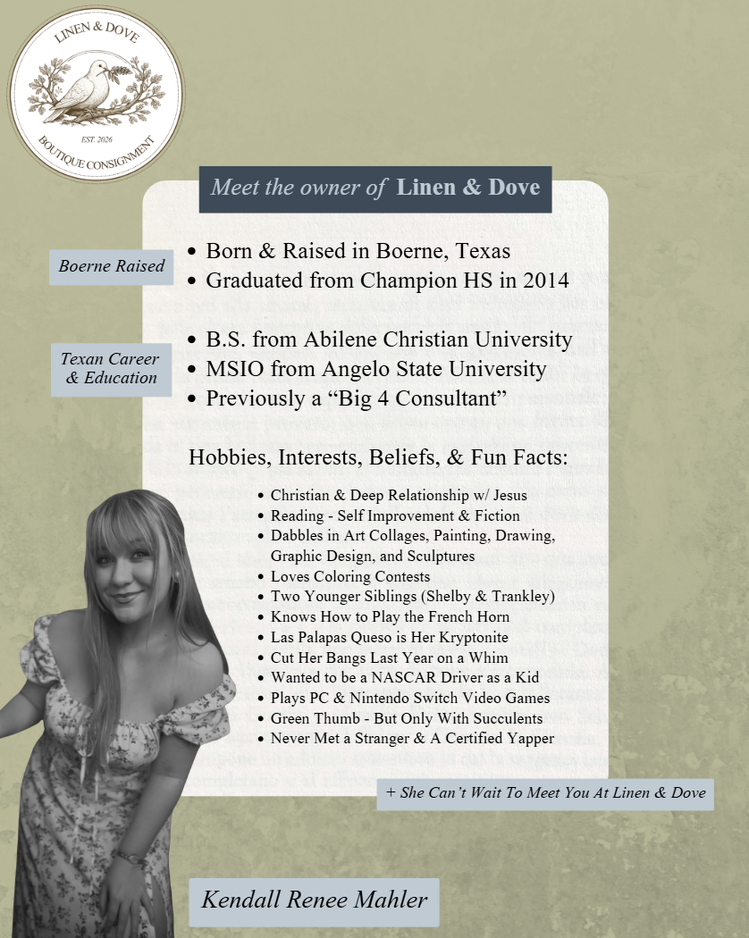 Business profile for Kendall Renee Mahler from Linen & Dove boutique, featuring her background, education, and hobbies, with a black-and-white photo of her in a floral dress.