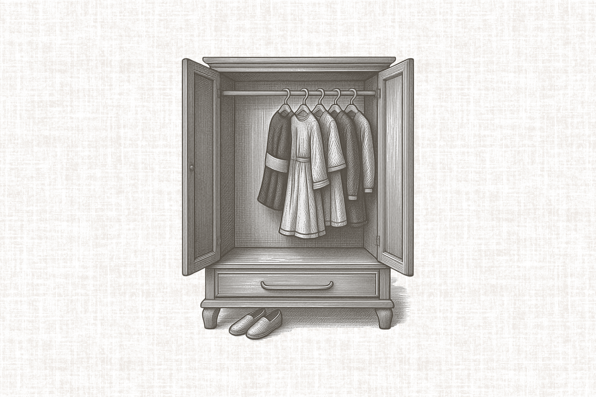 Drawing of an open wardrobe with five hanging shirts and a pair of shoes underneath.