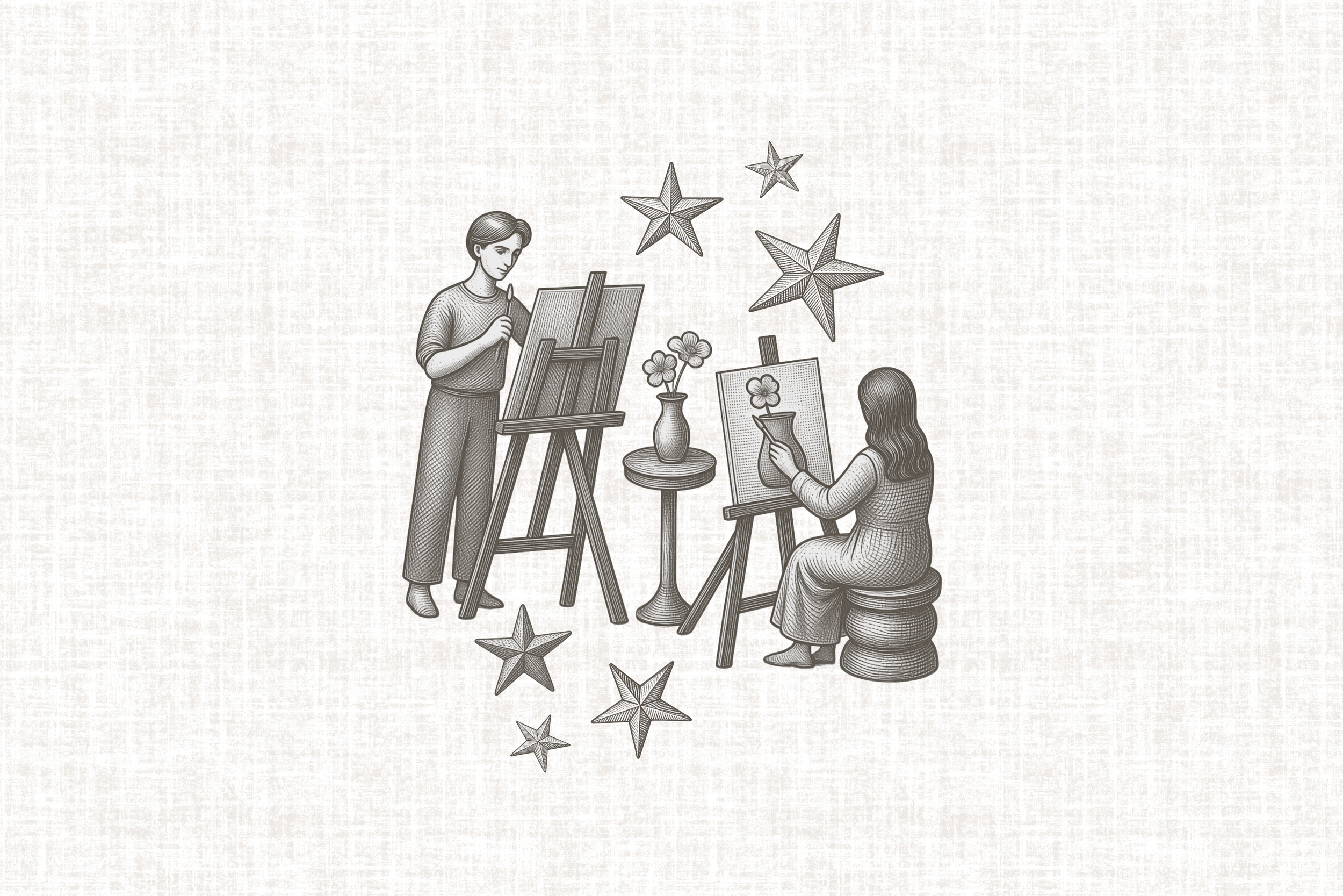 A black and white sketch of a woman painting on a canvas on an easel with a man sitting on a stool, pointing at another canvas with a woman standing nearby, surrounded by stars and flowers.
