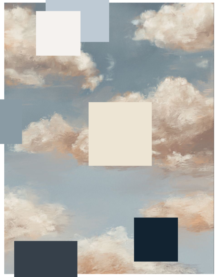 Abstract digital art featuring a sky with clouds, overlaid with geometric squares in shades of white, cream, gray, and navy blue.