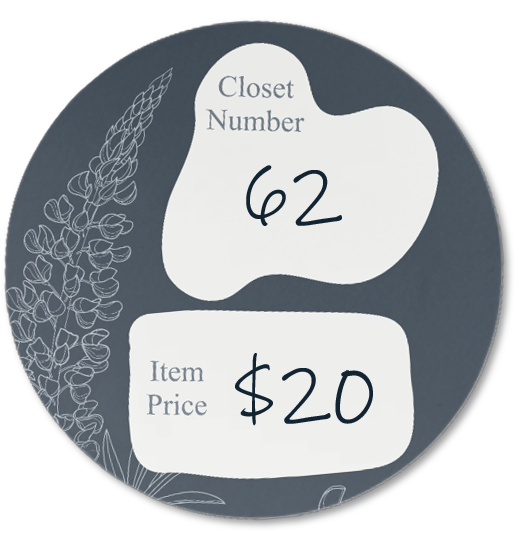 A circular image with a dark background featuring illustrated Texas bluebonnets on the left side. In the center, a white, irregular shape displays the closet number "62" written in sharpie. Below it, another white shape shows the item price of "$20".
