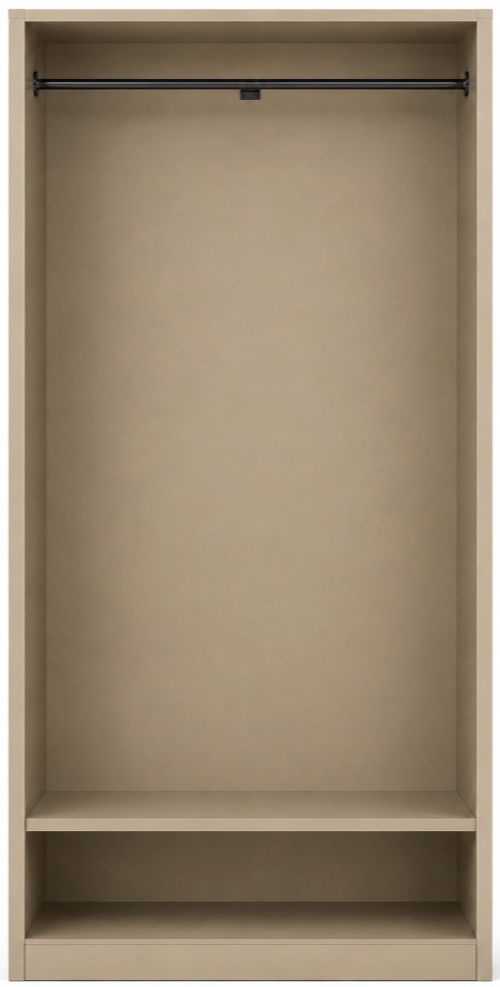 Empty beige closet with a hanging rod and a bottom shelf.