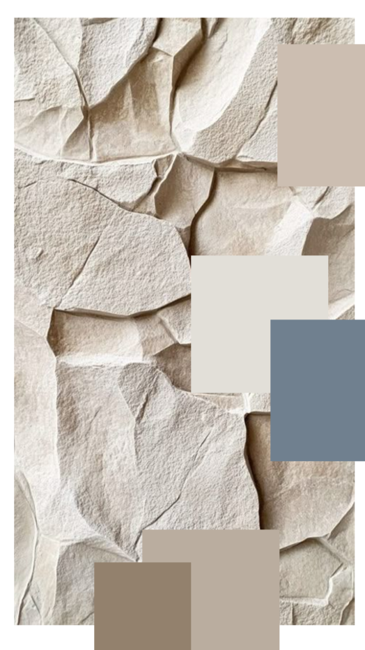Close-up of a textured stone wall with beige and light gray tones, with several colored rectangles overlaying parts of the image.