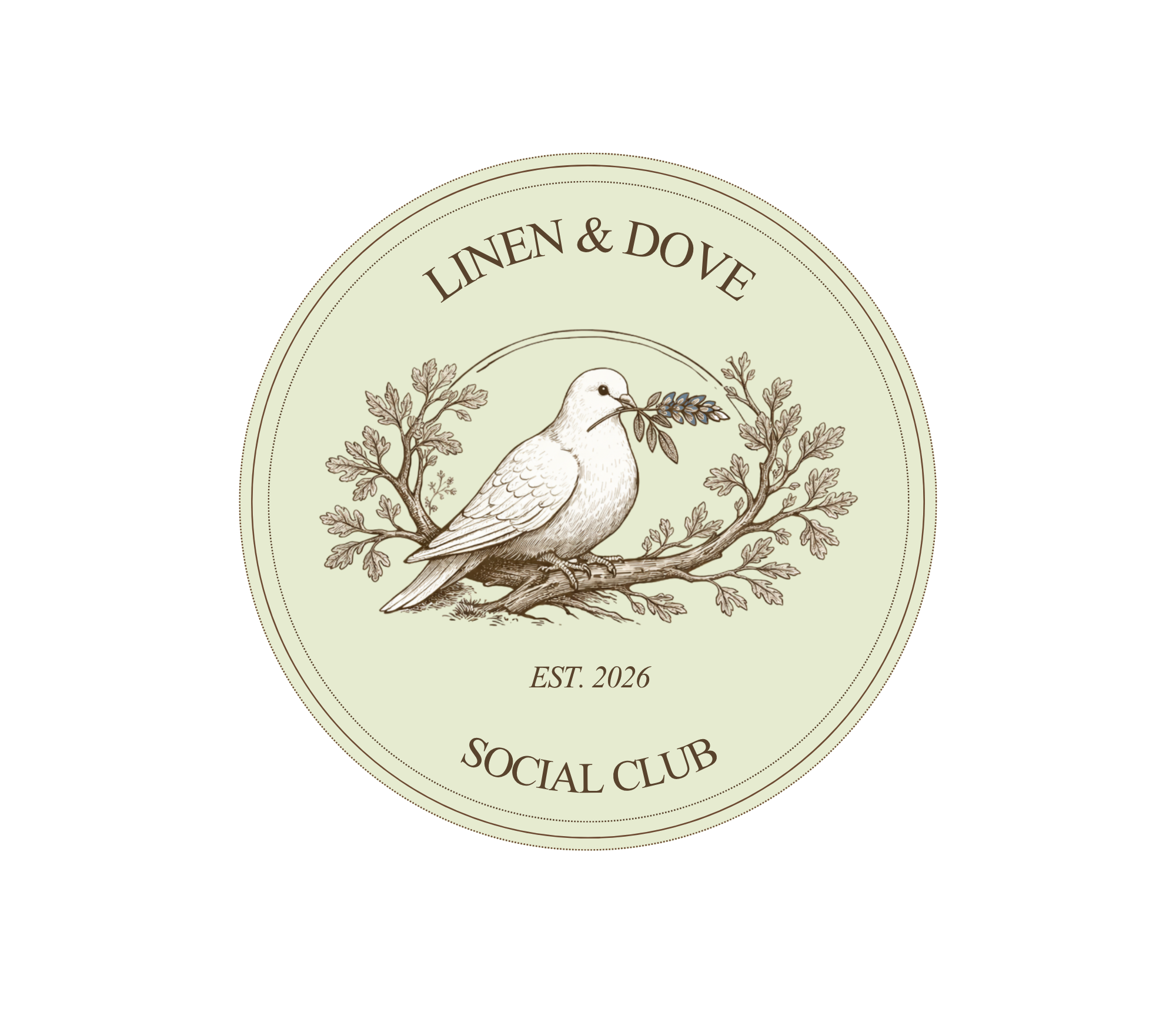A circular logo for the Linen & Dove Social Club, established in 2026, featuring a detailed illustration of a dove holding a Texas bluebonnet in its beak, surrounded by oak tree foliage.