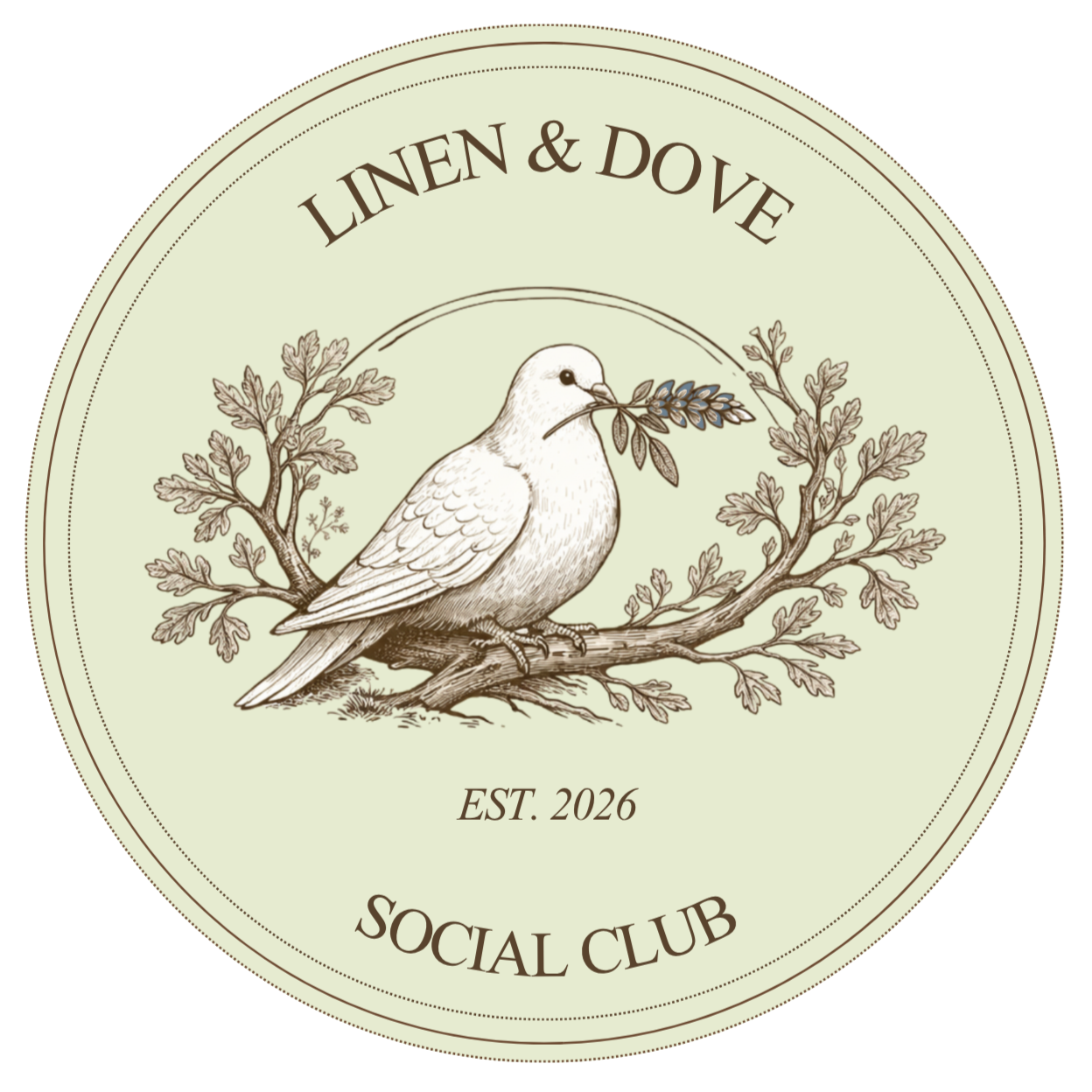 A vintage-style logo for Linen & Dove Social Club featuring a dove holding a Texas bluebonnet, sitting on a branch with leaves, with the text 'EST. 2026' and 'Social Club' around the dove.