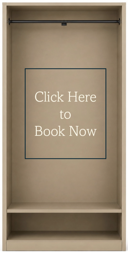 Empty beige wardrobe with a top hanging rod and a promotional message on the back wall that reads 'Click Here to Book Now'.