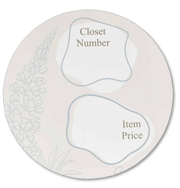 A decorative round plate with two blank sections labeled "Closet Number" and "Item Price" in gold text, featuring a faint Texas bluebonnet botanical design on a light background.