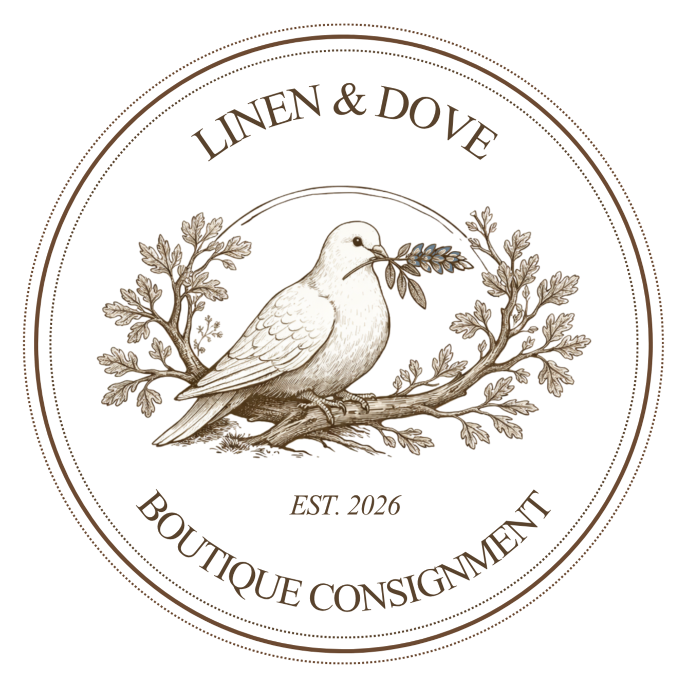 A circular logo featuring a detailed illustration of a dove holding a Texas bluebonnet in its beak, perched on an oak branch with leaves. The text reads "Linen & Dove" at the top, "Boutique Consignment" at the bottom, and "Est. 2026" below the dove.