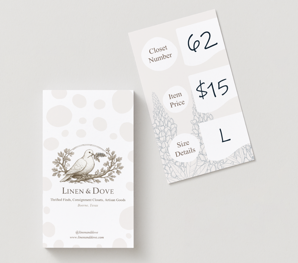 Business card for Linen & Dove with a drawing of a dove on a branch, and a price and size tag with details for an item, including number price and size details written in sharpie by a seller.