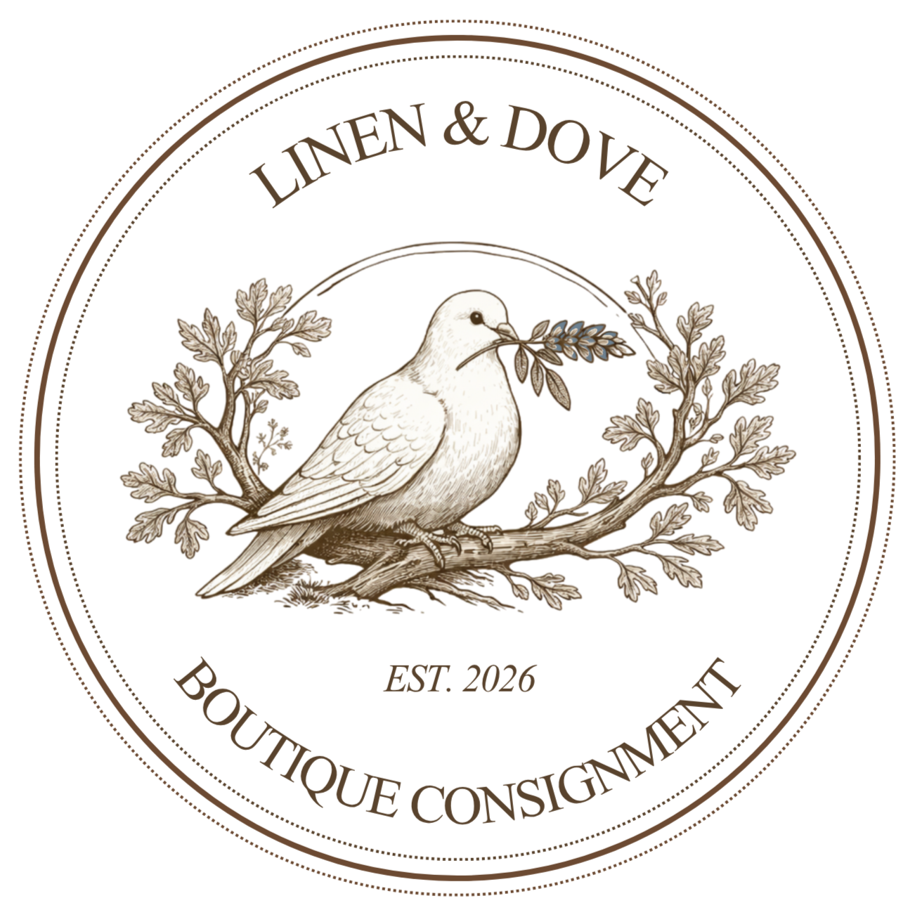 A circular logo featuring a detailed illustration of a dove holding a Texas bluebonnet in its beak, resting on an oak tree branch with leaves. The text "Linen & Dove" is at the top, "Boutique Consignment" at the bottom, and "EST. 2026" in the middle.