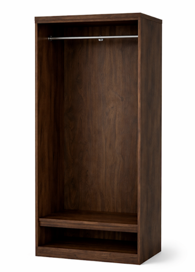 Empty wooden wardrobe with a metal hanging rod and a lower shelf that can be rented by weekly Linen & Dove sellers.