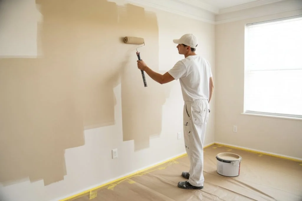Person painting a wall with beige paint using a roller in a bright room.
