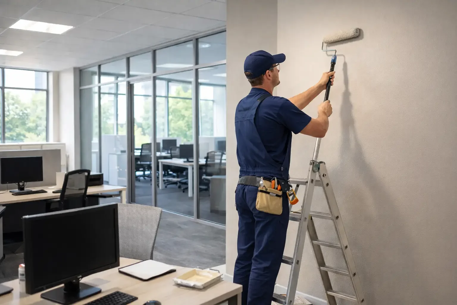 A worker painting a wall with a roller in an office.
