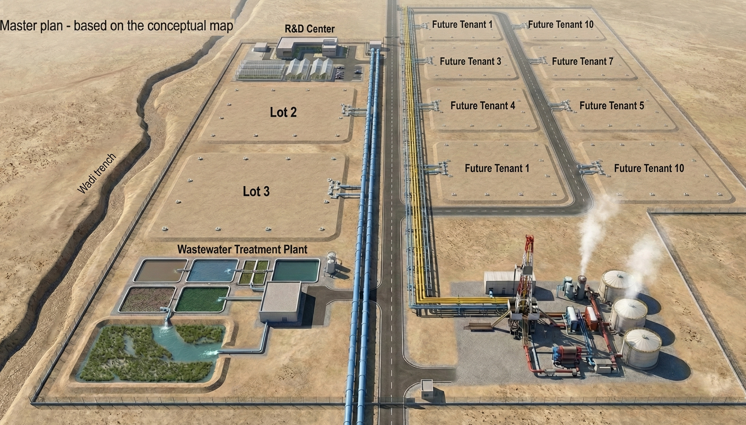 Master plan of an industrial complex showing a wastewater treatment plant in the foreground, three main lots labeled Lot 2 and Lot 3, and ten future tenant sites labeled Future Tenant 1 through Future Tenant 10, with pipelines connecting to the R&D center, waste treatment facilities, and stormwater management areas. The complex is adjacent to a natural trench labeled Wadi trench.