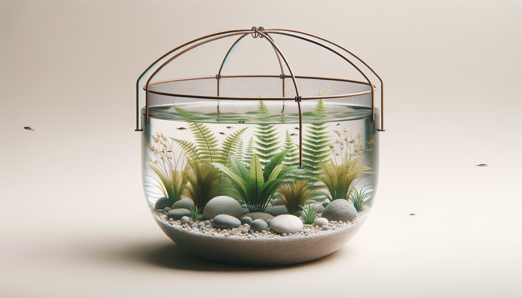 A terrarium with aquatic and terrestrial plants, rocks, and water, encased in a round glass container with a metal lid and floating fish.