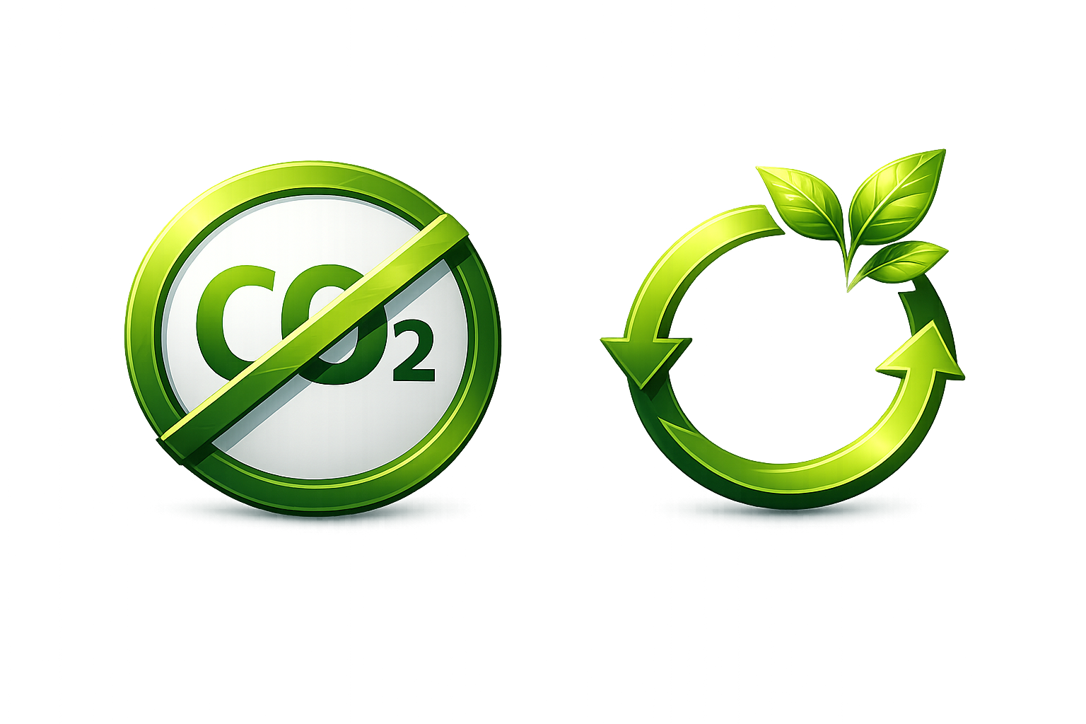 Green icons representing eco-friendliness: one with 'CO2' crossed out, and the other with a recycling symbol and leaves.