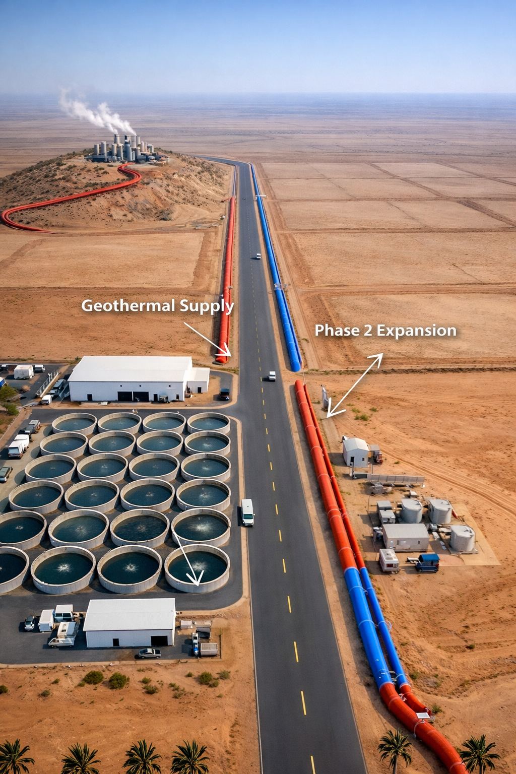 Aerial view of a geothermal power plant with labeled geothermal supply and phase 2 expansion pipelines, located in a desert landscape with a smokestack emitting steam and multiple large circular tanks.