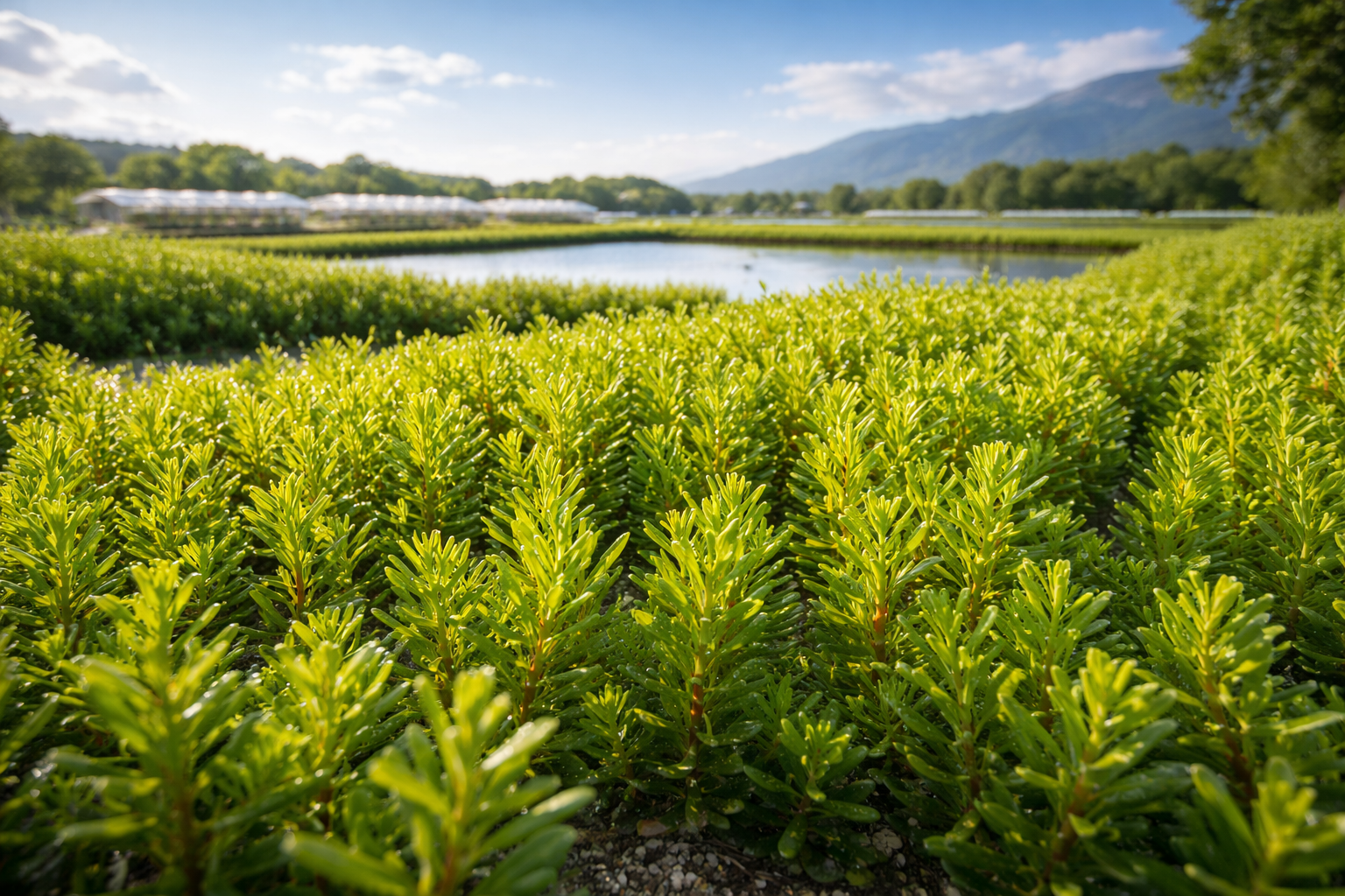 Green shrubs in a lush field with a water body and mountains in the background under a partly cloudy sky.