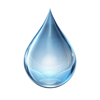 Close-up of a clear, blue-tinted water droplet isolated on a black background.
