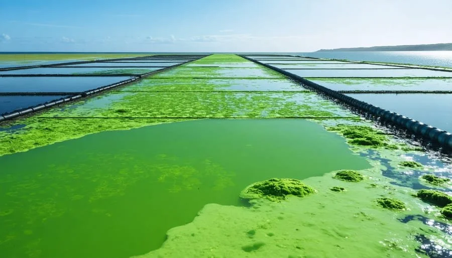Floating green algae on water in a series of rectangular salt evaporation ponds.