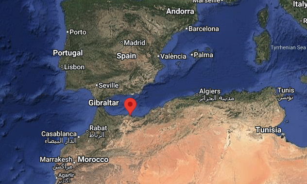 A map showing southern Spain, northern Africa, and parts of the Atlantic Ocean, with Gibraltar marked by a red location pin.