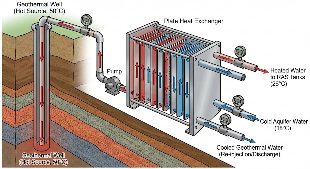 Diagram of a geothermal heating and cooling system showing a geothermal well, pump, and a plate heat exchanger that transfers heat to produce heated water at 26°C and cooled geothermal water at 18°C for use in a building's heating and cooling.