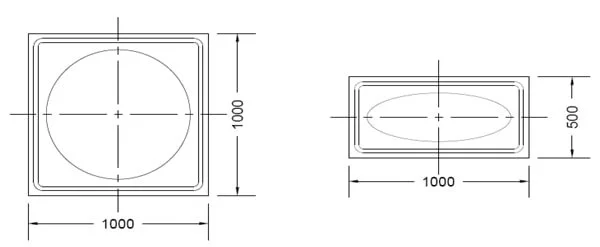 Technical drawing of two rectangular objects with dimensions, one with a circular feature and the other with an oval shape inside a square border.