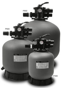 Three large black cylindrical water filter tanks with control valves on top.