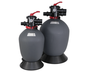 Two black and gray backwashing sand filters with control valves on top