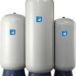 Three water filtration or pressure tanks of different sizes with a blue logo