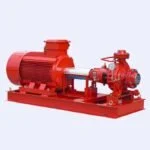 Red industrial pump with motor on a red base