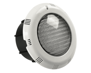 Close-up of a round LED pool light with a white frame and textured lens