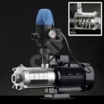 A set of submersible water pumps, including a large, horizontal pump, a smaller vertical pump, and a control or power unit, with a smaller inset image of the pump components.