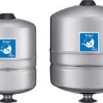 Two gray water tanks with blue labels, one large and one smaller, against a white background.