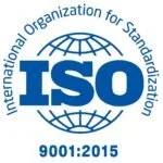 ISO 9001:2015 certification logo with a globe, the text 'ISO', and the full name 'International Organization for Standardization'