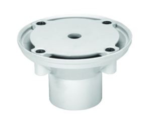 A white, round plastic electrical conduit or connector fitting with screw holes