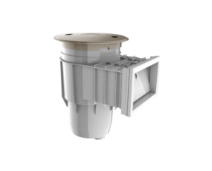 A white and gray toilet flush valve assembly with a rectangular flush valve opening.